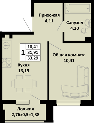 33,3 м², 1-комн. квартира, 1/4 этаж