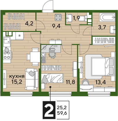 Продажа 2-комнатной квартиры 59,6 м², 5/16 этаж