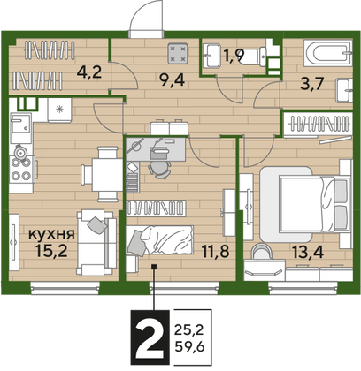 Продажа 2-комнатной квартиры 59,6 м², 3/16 этаж