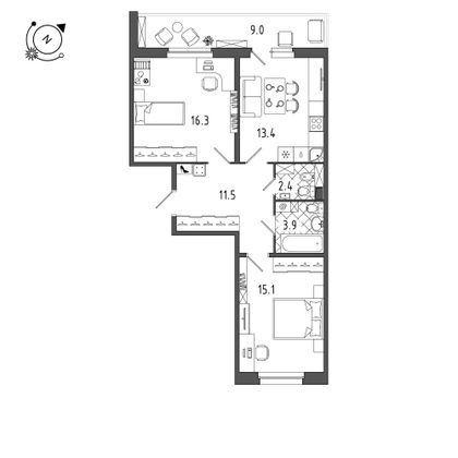 67,8 м², 2-комн. квартира, 1/8 этаж