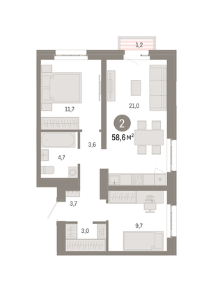 58,6 м², 2-комн. квартира, 6/16 этаж