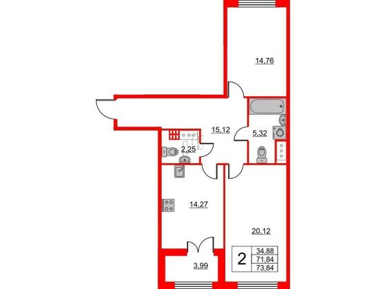 Продажа 2-комнатной квартиры 72,9 м², 3/8 этаж