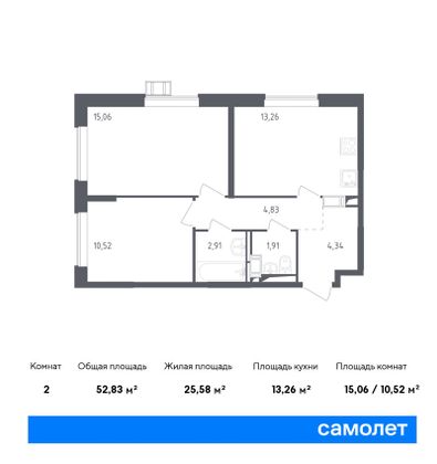 Продажа 2-комнатной квартиры 52,8 м², 3/17 этаж