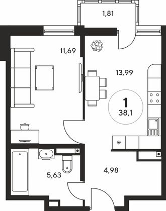 38,1 м², 1-комн. квартира, 2 этаж