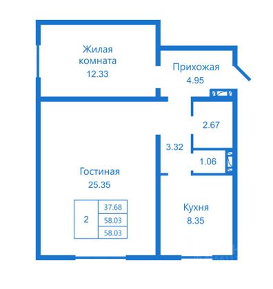 Продажа 2-комнатной квартиры 58 м², 1/10 этаж