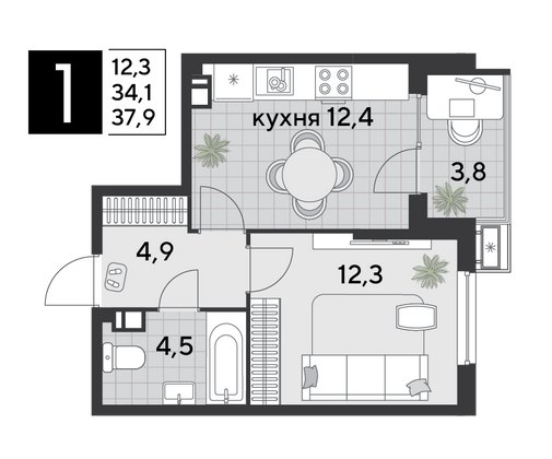 Продажа 1-комнатной квартиры 37,9 м², 3/18 этаж