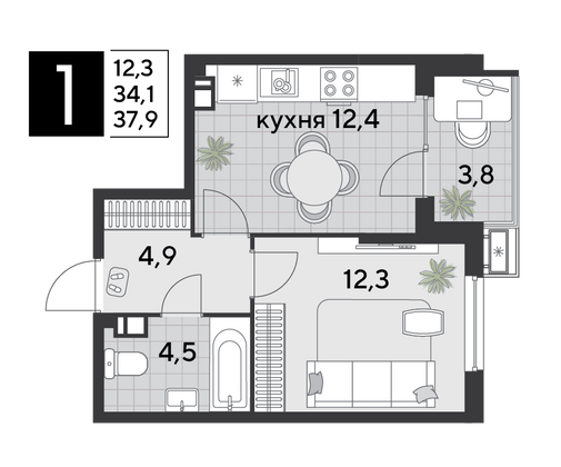 37,9 м², 1-комн. квартира, 5/18 этаж