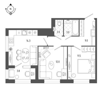 53,7 м², 2-комн. квартира, 11/18 этаж