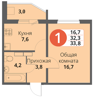 33,9 м², 1-комн. квартира, 12/16 этаж