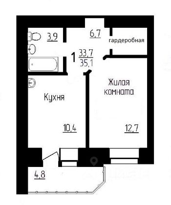 Продажа 1-комнатной квартиры 35,1 м², 5/11 этаж