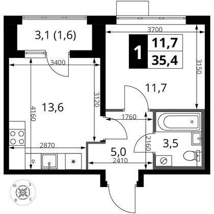 35,4 м², 1-комн. квартира, 2/16 этаж