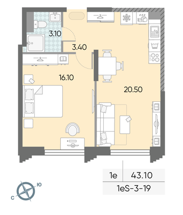 Продажа 1-комнатной квартиры 43,1 м², 19/58 этаж