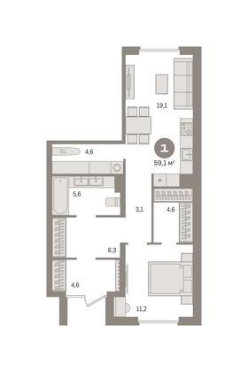 Продажа 1-комнатной квартиры 59,1 м², 1/8 этаж