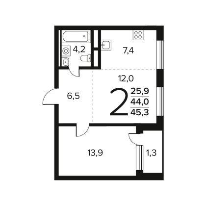 45,3 м², 2-комн. квартира, 9/12 этаж