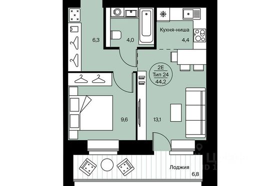 Продажа 2-комнатной квартиры 44,2 м², 12/14 этаж