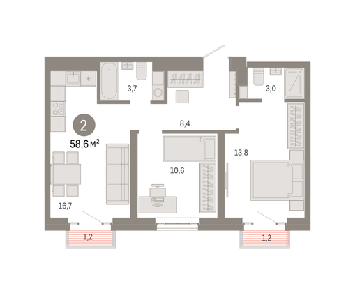 58,6 м², 2-комн. квартира, 19/31 этаж