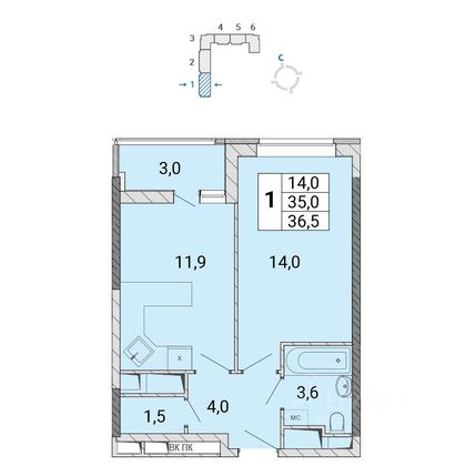 Продажа 1-комнатной квартиры 36,3 м², 12/17 этаж