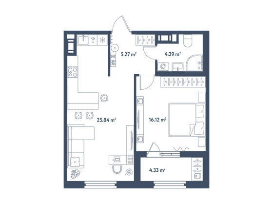 53,8 м², 1-комн. квартира, 5/11 этаж