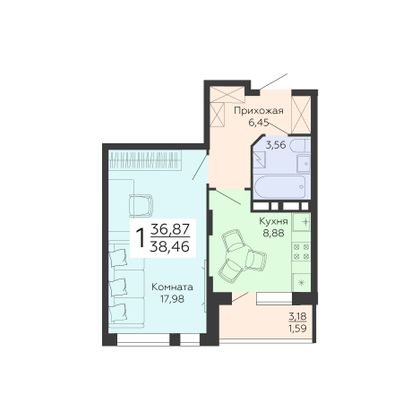 Продажа 1-комнатной квартиры 38,5 м², 4/18 этаж