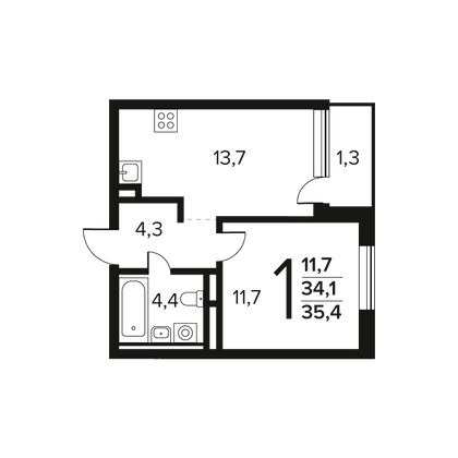 Продажа 1-комнатной квартиры 35,4 м², 5/9 этаж