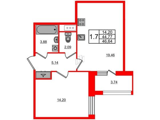 Продажа 1-комнатной квартиры 44,8 м², 7/12 этаж