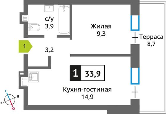 Продажа 1-комнатной квартиры 33,9 м², 1/9 этаж
