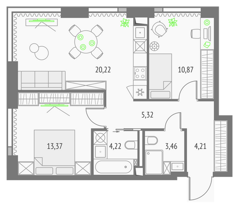 61,7 м², 2-комн. квартира, 12/57 этаж