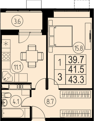 41,5 м², 1-комн. квартира, 16/17 этаж