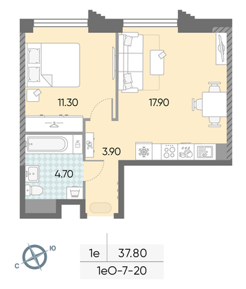 Продажа 1-комнатной квартиры 37,8 м², 20/58 этаж