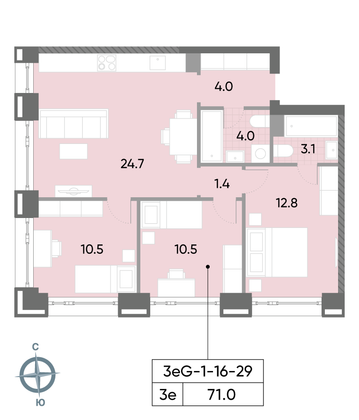 71 м², 3-комн. квартира, 24/52 этаж