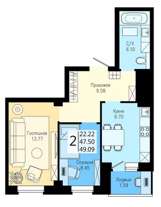 Продажа 2-комнатной квартиры 49,1 м², 5/25 этаж