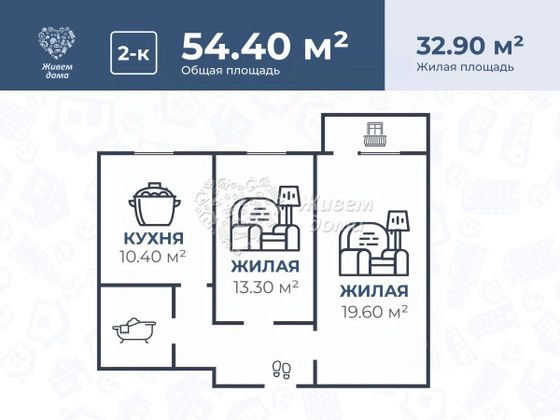 Продажа 2-комнатной квартиры 54,4 м², 4/20 этаж