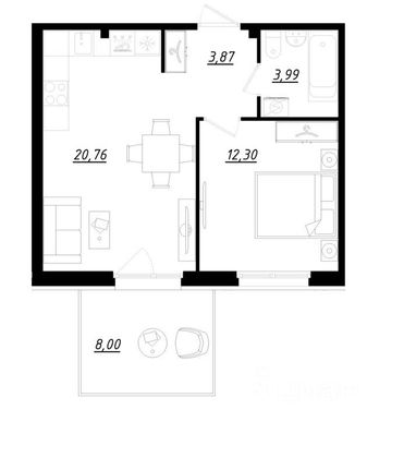 Продажа 1-комнатной квартиры 43,3 м², 1/5 этаж