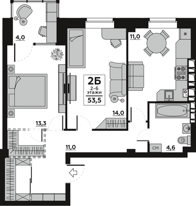 53,5 м², 2-комн. квартира, 5/6 этаж