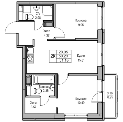 Продажа 2-комнатной квартиры 50,2 м², 13/23 этаж