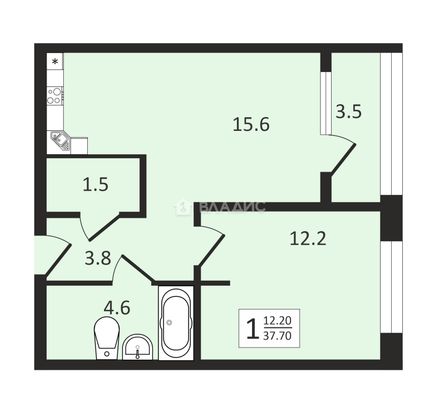 Продажа 1-комнатной квартиры 39,5 м², 6/9 этаж