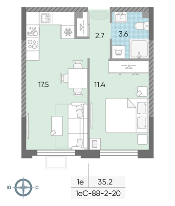 Продажа 1-комнатной квартиры 35,2 м², 5/24 этаж