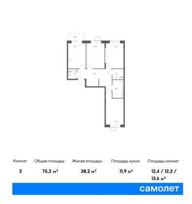 75,2 м², 3-комн. квартира, 16/16 этаж