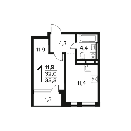 33,3 м², 1-комн. квартира, 2/12 этаж