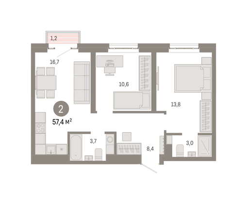 Продажа 2-комнатной квартиры 57,4 м², 19/31 этаж