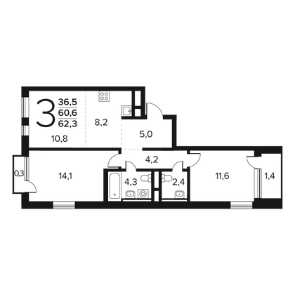 Продажа 3-комнатной квартиры 62,3 м², 10/12 этаж