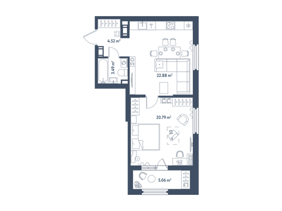 54,2 м², 1-комн. квартира, 7/11 этаж