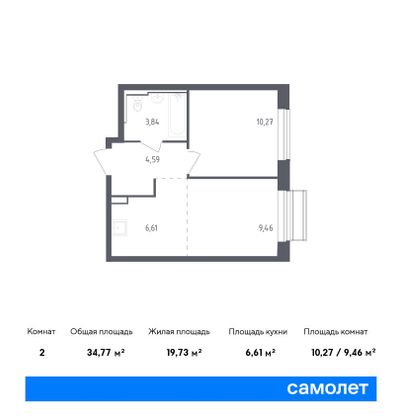 34,8 м², 2-комн. квартира, 9/9 этаж