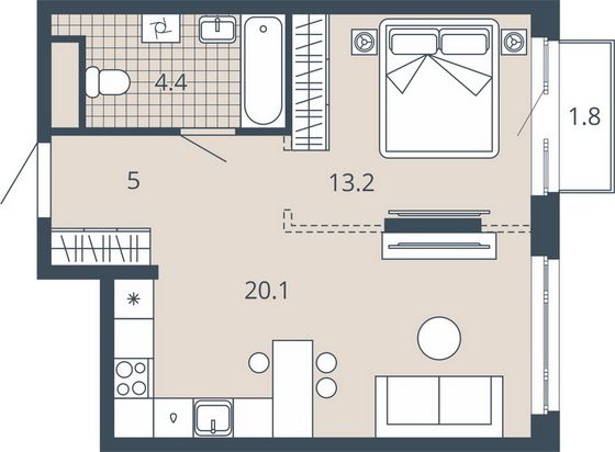 Продажа 1-комнатной квартиры 44,5 м², 13/23 этаж