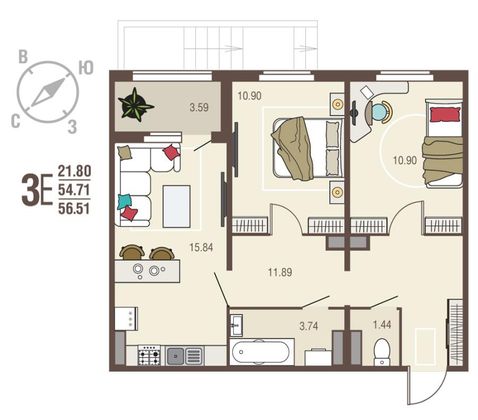 Продажа 2-комнатной квартиры 56,5 м², 1/10 этаж