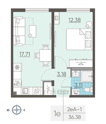 Продажа 1-комнатной квартиры 36,4 м², 14/25 этаж