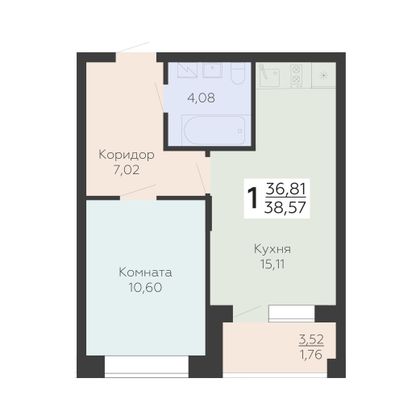 Продажа 1-комнатной квартиры 38,6 м², 7/24 этаж