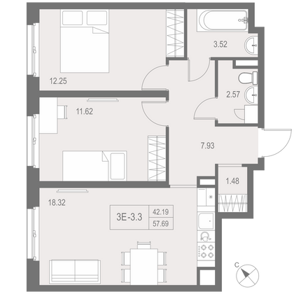 57,7 м², 2-комн. квартира, 12/17 этаж