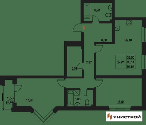 91,6 м², 2-комн. квартира, 3/20 этаж