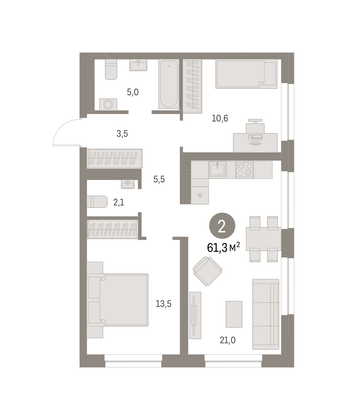 Продажа 2-комнатной квартиры 61,3 м², 4/8 этаж